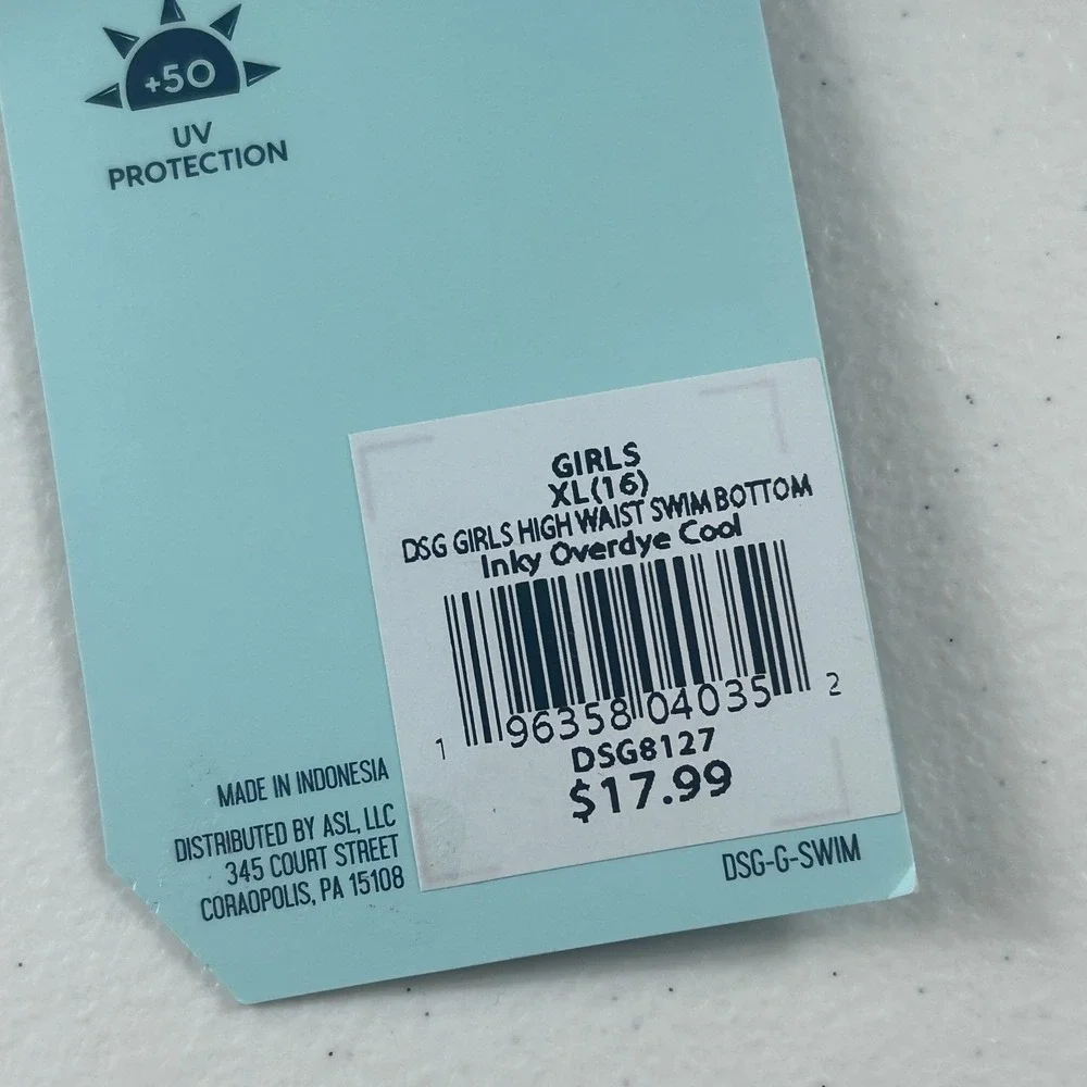 DSG Girls XL 16 High Waist Swim Bottom Inky Overdye Cool Blue Floral DSG8127 NWT